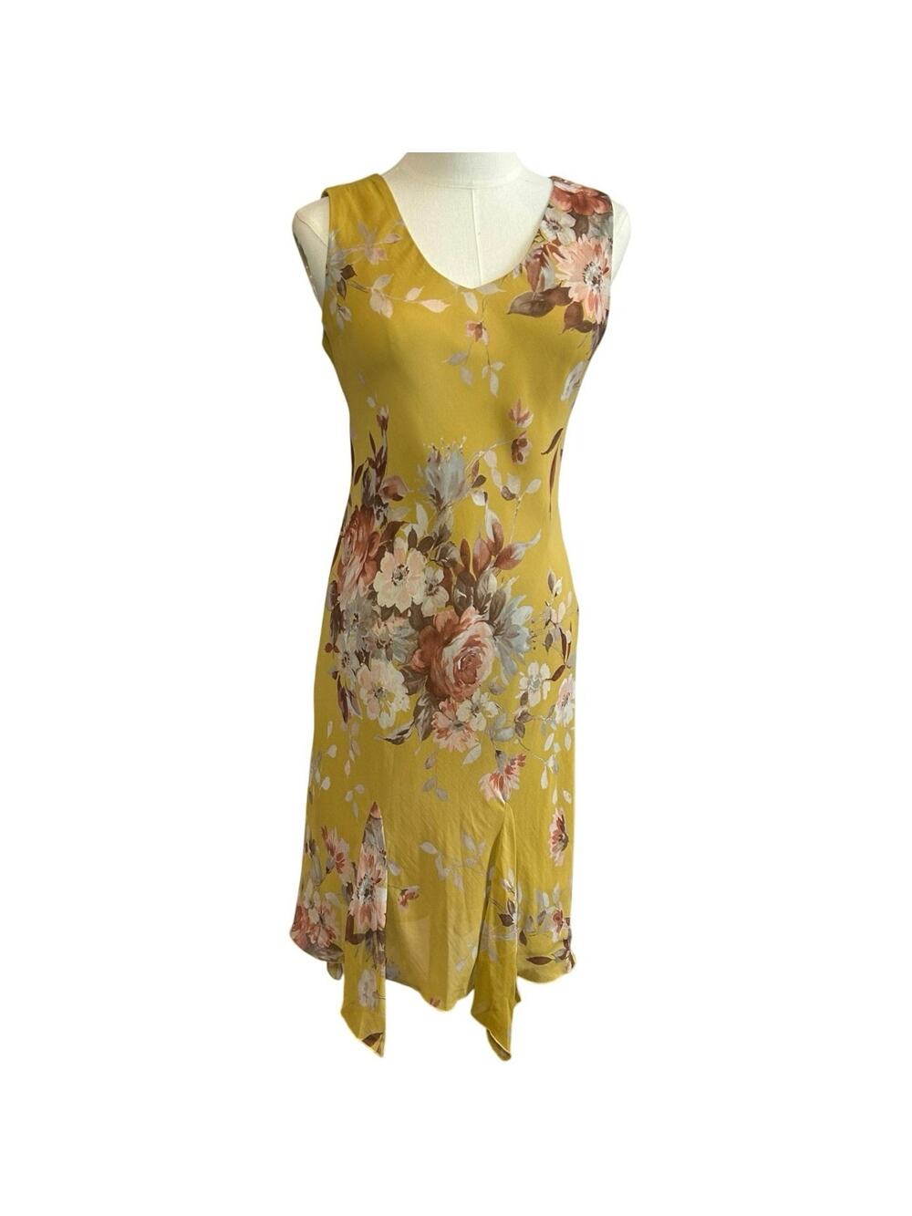 Lily Petite Small Floral Handkerchief Hem 90s Y2K Yellow Rayon Midi Dress